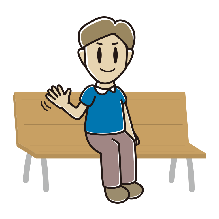 ベンチで手を振る男性のイラスト【色あり、背景なし】透過PNG