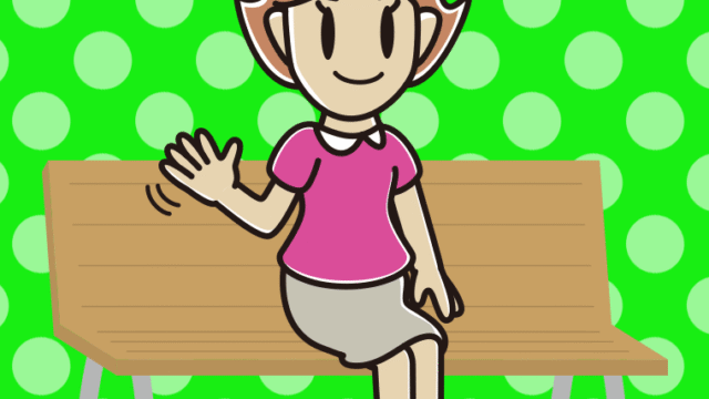 ベンチで手を振る女性のイラスト【色、背景あり】PNG