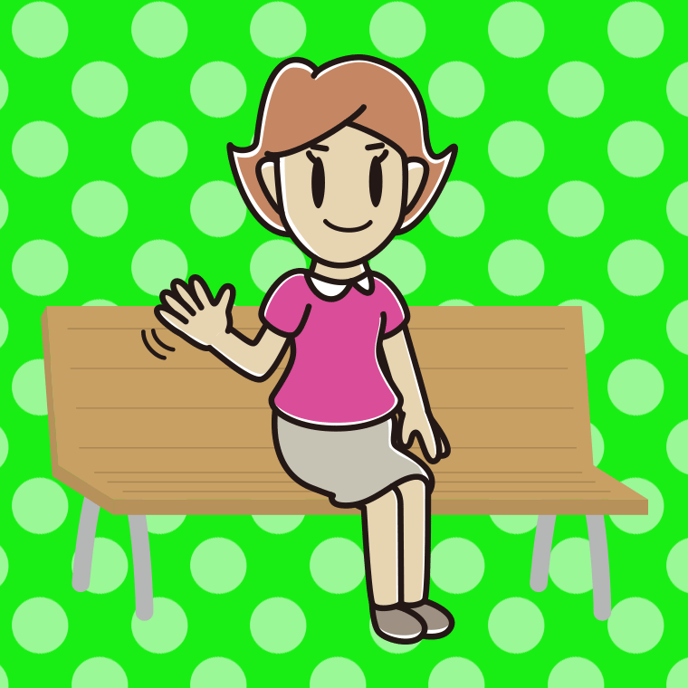 ベンチで手を振る女性のイラスト【色、背景あり】PNG