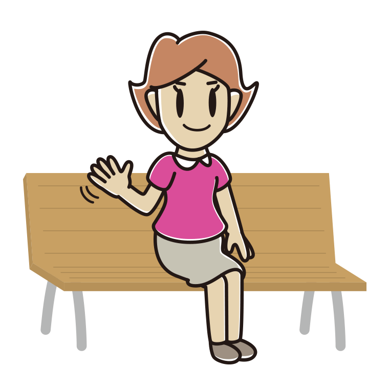 ベンチで手を振る女性のイラスト【色あり、背景なし】透過PNG
