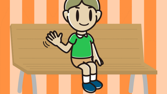 ベンチで手を振る小学生男子のイラスト【色、背景あり】PNG