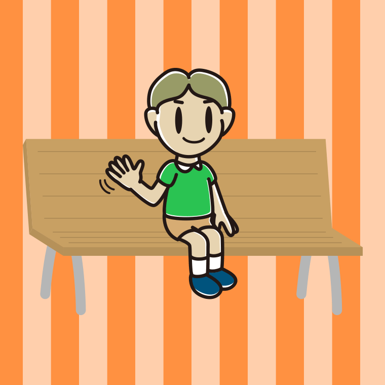 ベンチで手を振る小学生男子のイラスト【色、背景あり】PNG