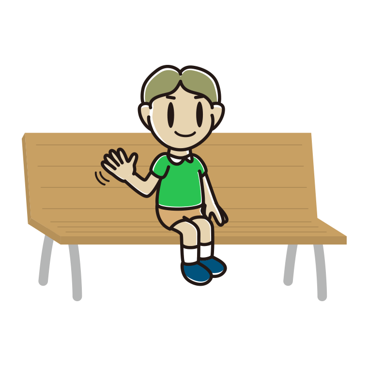 ベンチで手を振る小学生男子のイラスト【色あり、背景なし】透過PNG