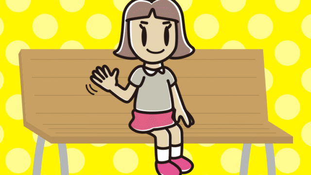 ベンチで手を振る小学生女子のイラスト【色、背景あり】PNG