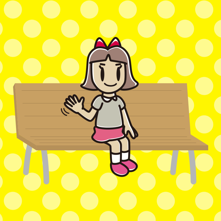 ベンチで手を振る小学生女子のイラスト【色、背景あり】PNG