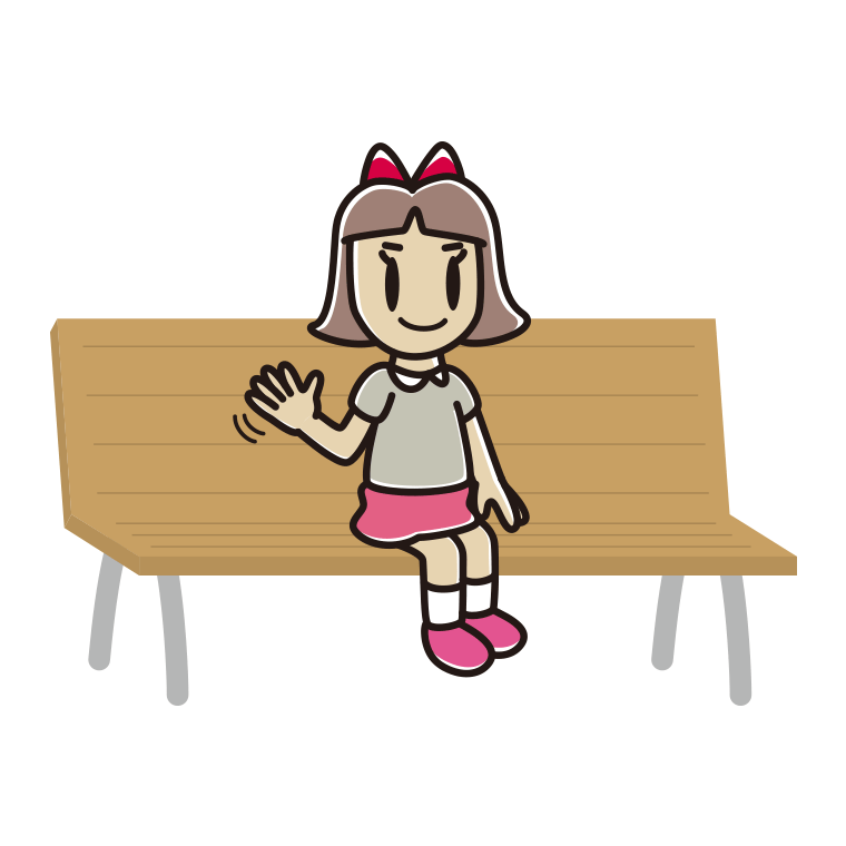 ベンチで手を振る小学生女子のイラスト【色あり、背景なし】透過PNG