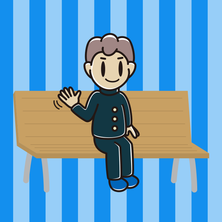 ベンチで手を振る男子中学生のイラスト【色、背景あり】PNG