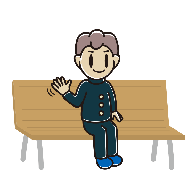 ベンチで手を振る男子中学生のイラスト【色あり、背景なし】透過PNG