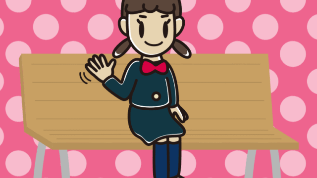 ベンチで手を振る女子中学生のイラスト【色、背景あり】PNG