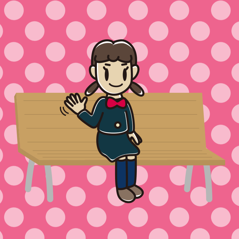 ベンチで手を振る女子中学生のイラスト【色、背景あり】PNG