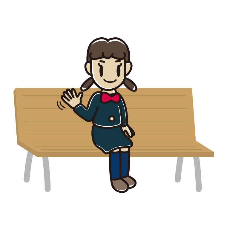 ベンチで手を振る女子中学生のイラスト【色あり、背景なし】透過PNG