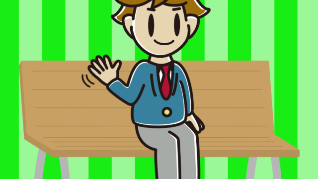 ベンチで手を振る男子高校生のイラスト【色、背景あり】PNG