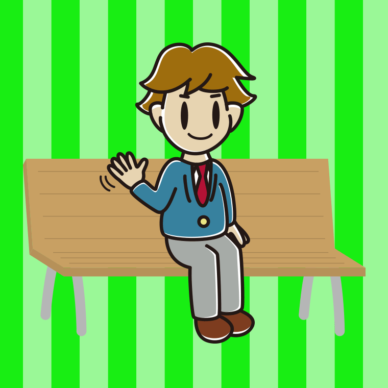 ベンチで手を振る男子高校生のイラスト【色、背景あり】PNG