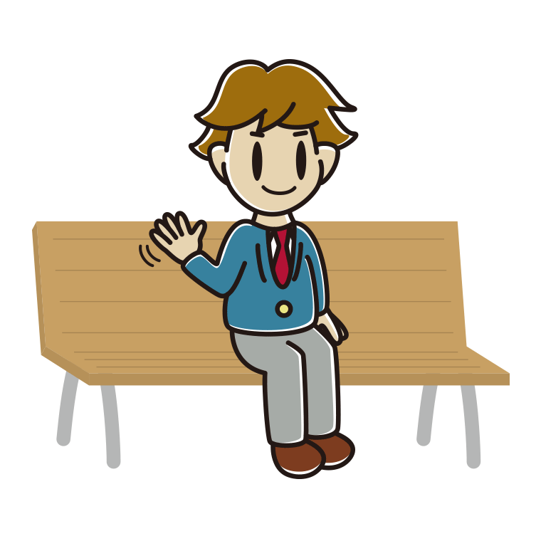 ベンチで手を振る男子高校生のイラスト【色あり、背景なし】透過PNG