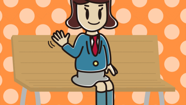ベンチで手を振る女子高校生のイラスト【色、背景あり】PNG