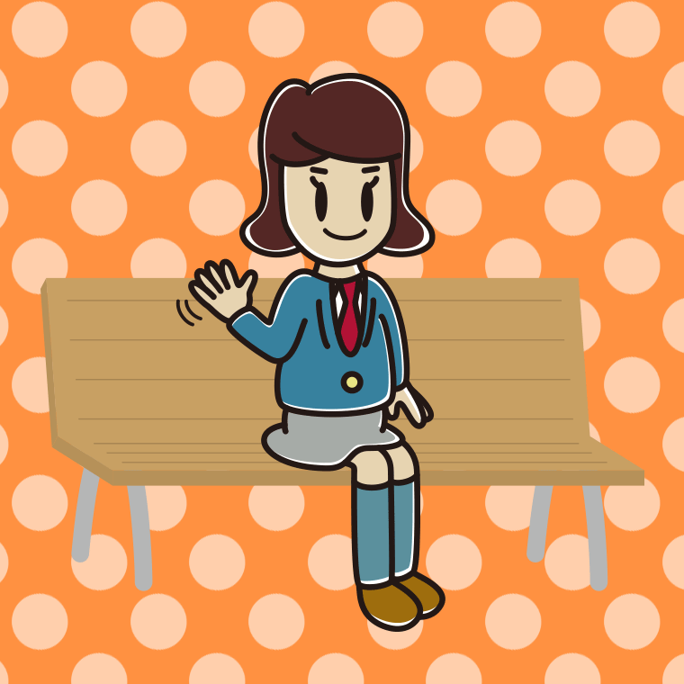 ベンチで手を振る女子高校生のイラスト【色、背景あり】PNG