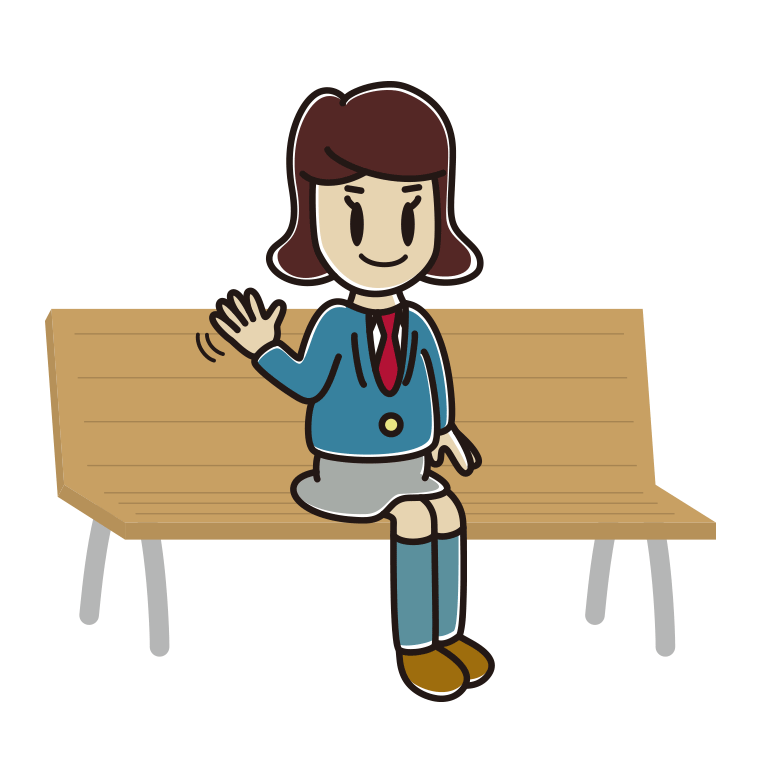 ベンチで手を振る女子高校生のイラスト【色あり、背景なし】透過PNG