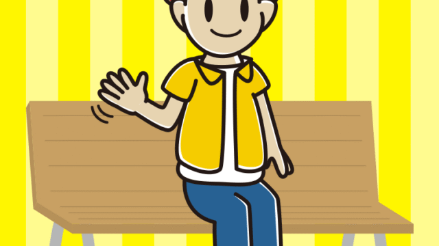 ベンチで手を振る男子大学生のイラスト【色、背景あり】PNG