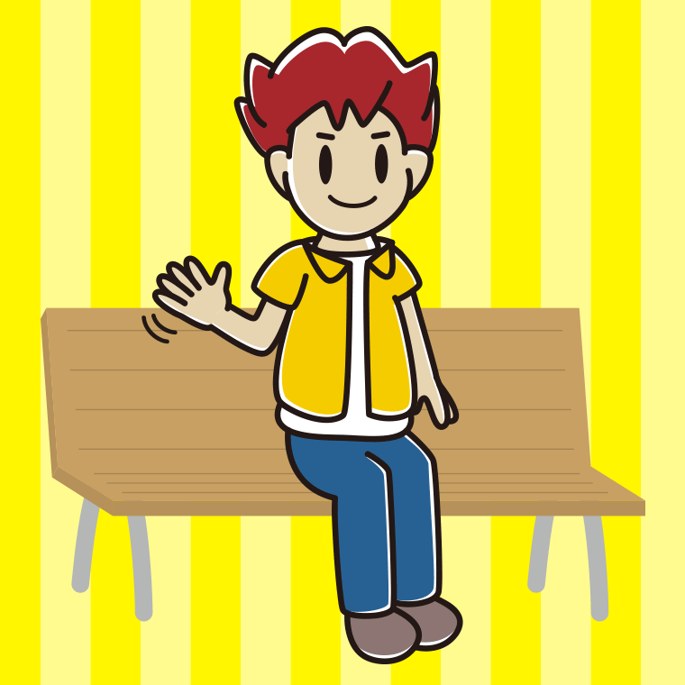 ベンチで手を振る男子大学生のイラスト【色、背景あり】PNG