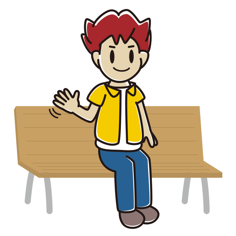 ベンチで手を振る男子大学生のイラスト【色あり、背景なし】透過PNG
