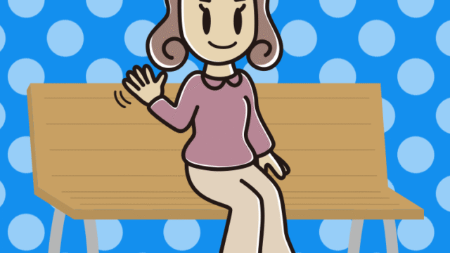 ベンチで手を振る女子大学生のイラスト【色、背景あり】PNG