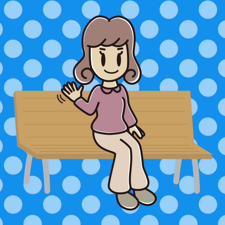 ベンチで手を振る女子大学生のイラスト【色、背景あり】PNG