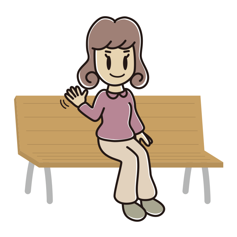 ベンチで手を振る女子大学生のイラスト【色あり、背景なし】透過PNG