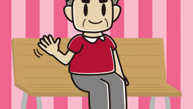 ベンチで手を振るおじさんのイラスト【色、背景あり】PNG