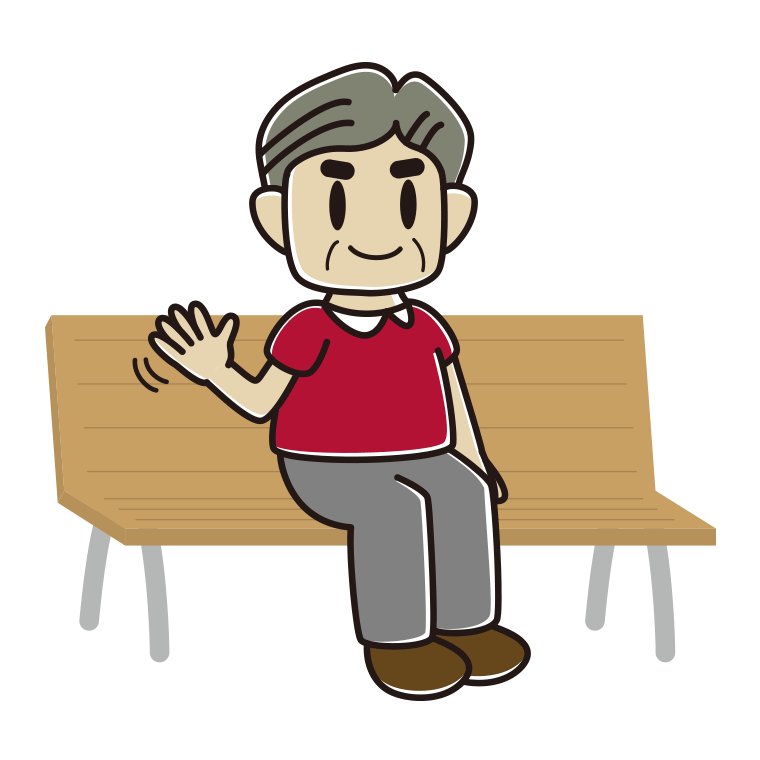 ベンチで手を振るおじさんのイラスト【色あり、背景なし】透過PNG