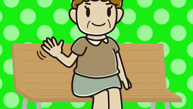 ベンチで手を振るおばさんのイラスト【色、背景あり】PNG