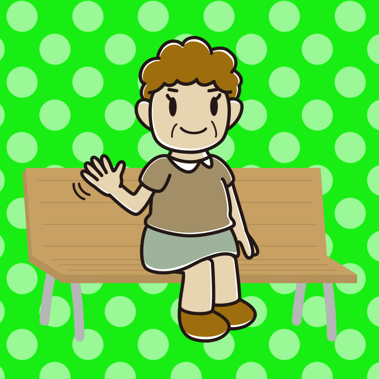 ベンチで手を振るおばさんのイラスト【色、背景あり】PNG