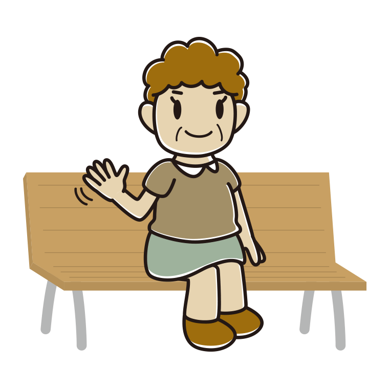 ベンチで手を振るおばさんのイラスト【色あり、背景なし】透過PNG
