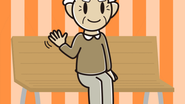ベンチで手を振るおじいさんのイラスト【色、背景あり】PNG