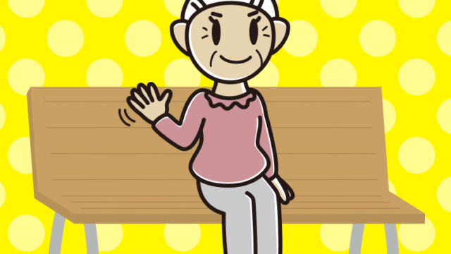 ベンチで手を振るおばあさんのイラスト【色、背景あり】PNG