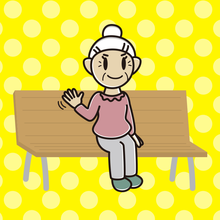 ベンチで手を振るおばあさんのイラスト【色、背景あり】PNG
