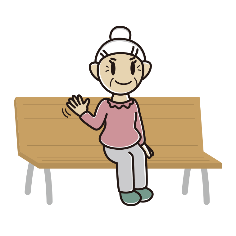 ベンチで手を振るおばあさんのイラスト【色あり、背景なし】透過PNG