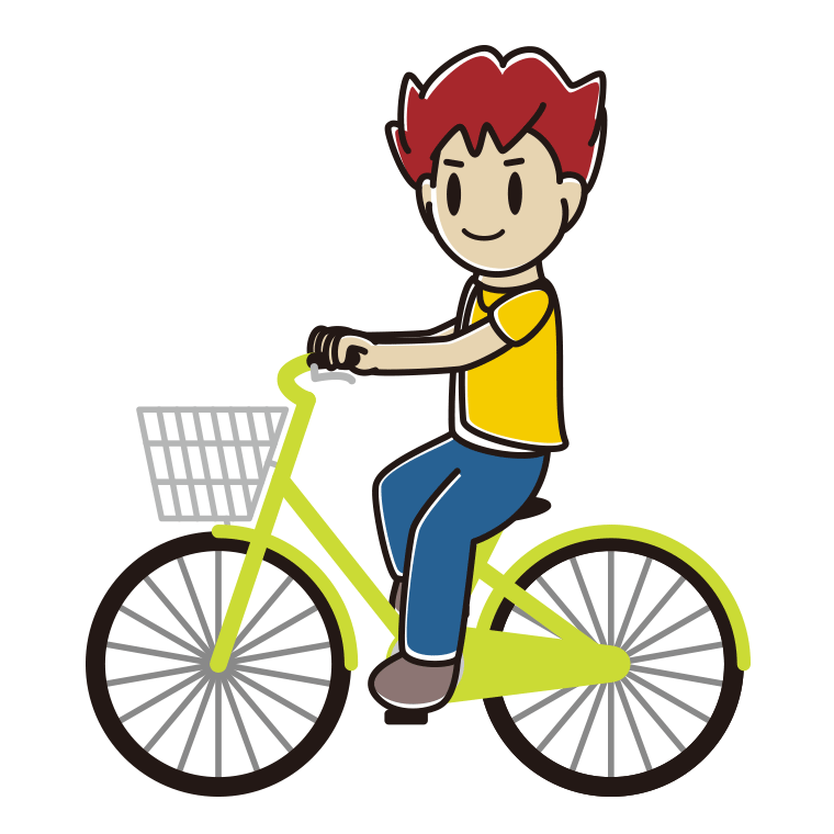 自転車に乗る男子大学生のイラスト【色あり、背景なし】透過PNG
