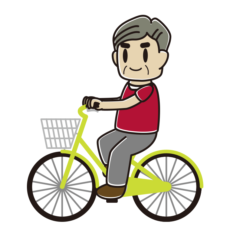 自転車に乗るおじさんのイラスト【色あり、背景なし】透過PNG