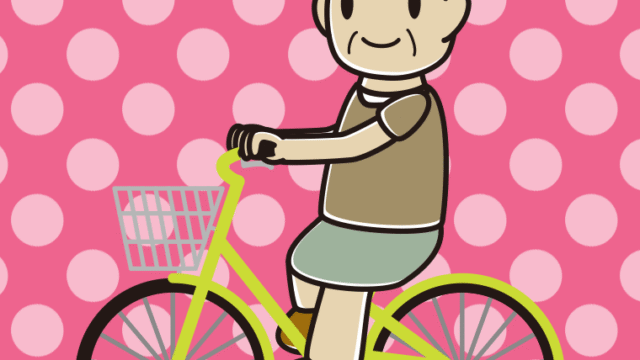 自転車に乗るおばさんのイラスト【色、背景あり】PNG