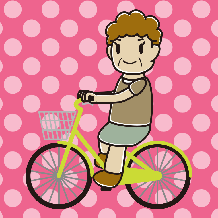 自転車に乗るおばさんのイラスト【色、背景あり】PNG