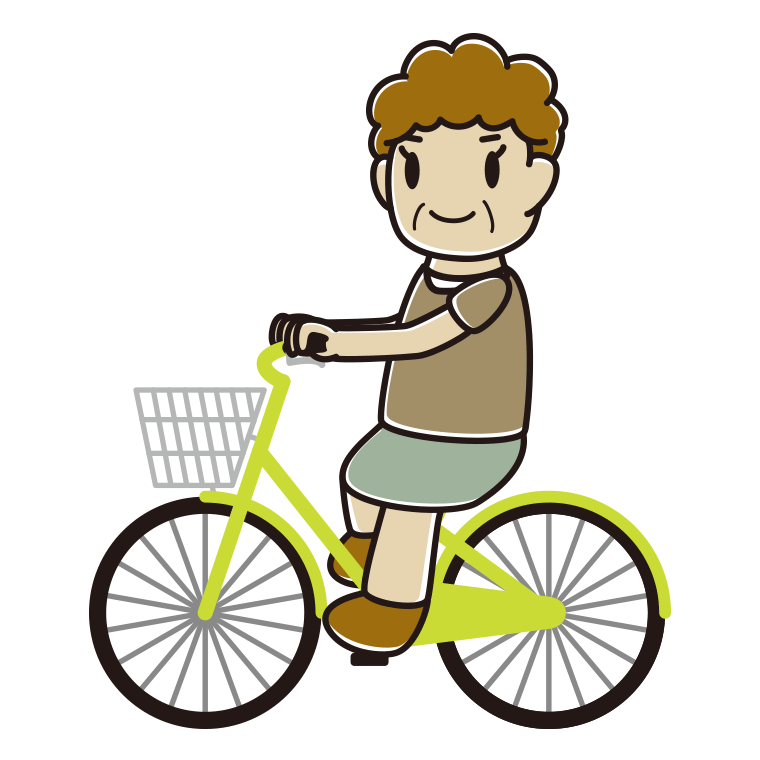 自転車に乗るおばさんのイラスト【色あり、背景なし】透過PNG
