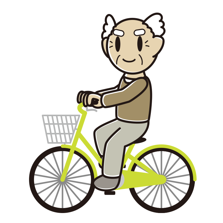 自転車に乗るおじいさんのイラスト【色あり、背景なし】透過PNG