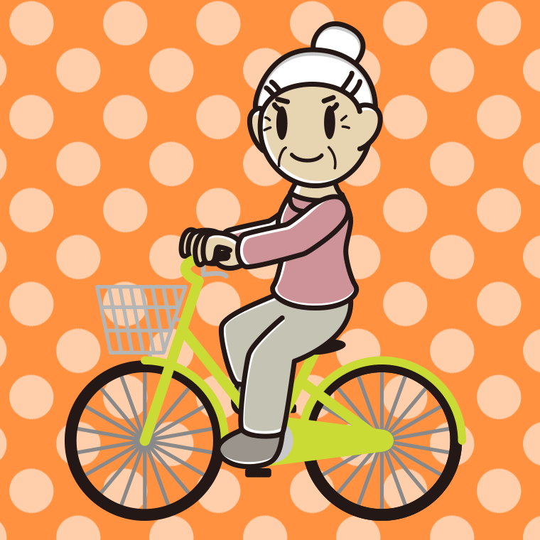 自転車に乗るおばあさんのイラスト【色、背景あり】PNG