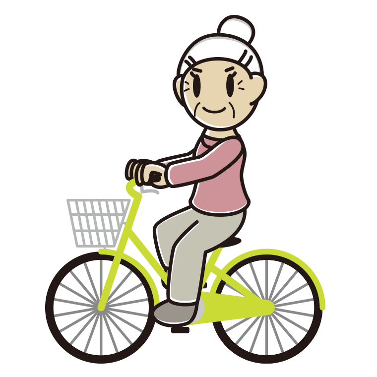 自転車に乗るおばあさんのイラスト【色あり、背景なし】透過PNG