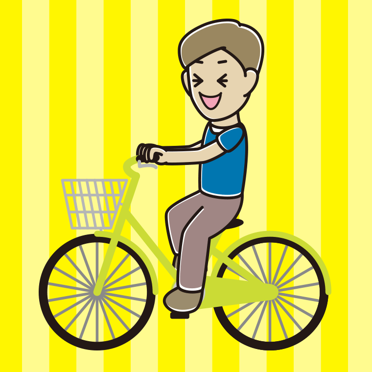 自転車に乗って笑う男性のイラスト【色、背景あり】PNG