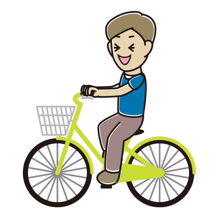 自転車に乗って笑う男性のイラスト【色あり、背景なし】透過PNG