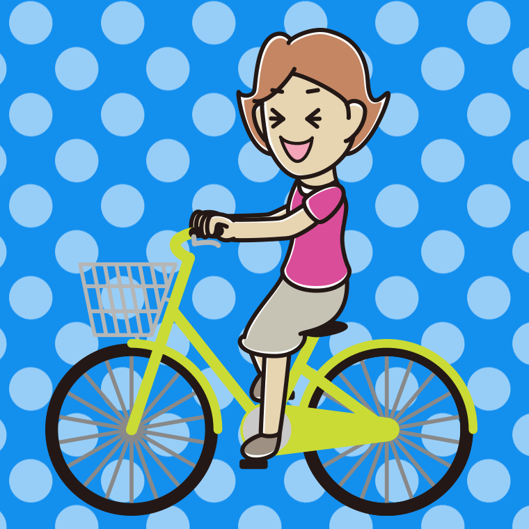 自転車に乗って笑う女性のイラスト【色、背景あり】PNG