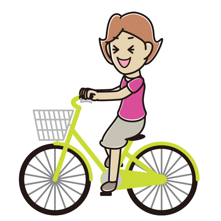 自転車に乗って笑う女性のイラスト【色あり、背景なし】透過PNG