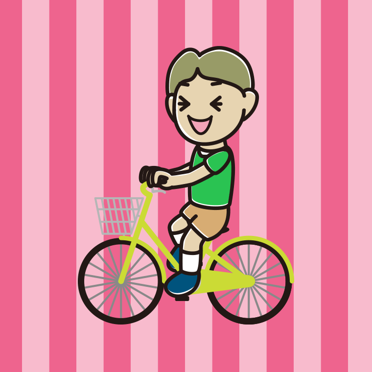 自転車に乗って笑う小学生男子のイラスト【色、背景あり】PNG