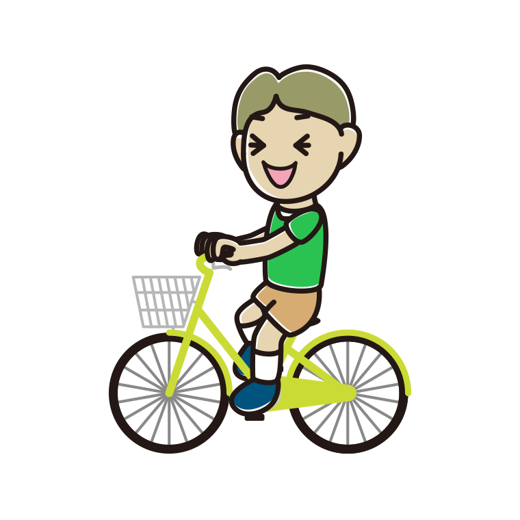 自転車に乗って笑う小学生男子のイラスト【色あり、背景なし】透過PNG